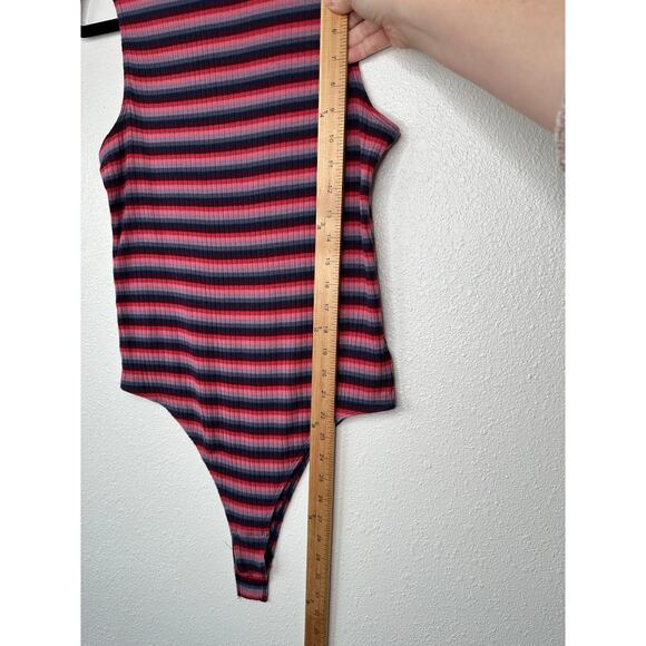 Abound Pink Burgundy Blue Gray Striped Mock Neck Sleeveless Bodysuit L - Picture 12 of 12